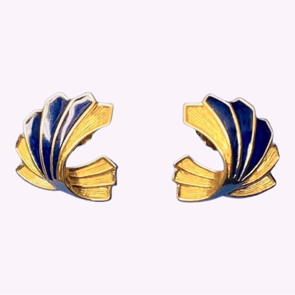 AVON Vintage 1990s Draped Elegance Pierced Earrings Lapis Enamel Goldtone - Picture 1 of 12